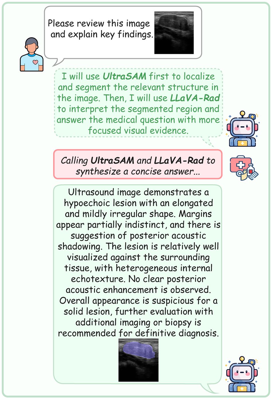 Multi-tool single-round dialogue: ultrasound lesion segmentation with UltraSAM and interpretation with LLaVA-Rad